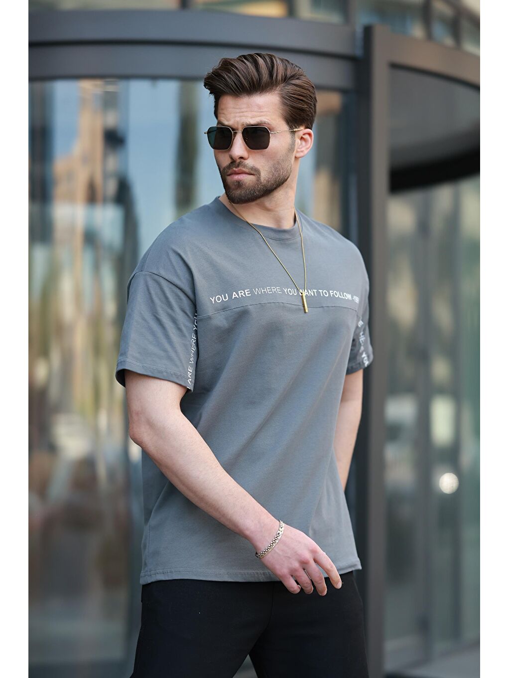 Gri Füme Bisiklet Yaka Baskılı Basic %100 Pamuk Tişört E7156