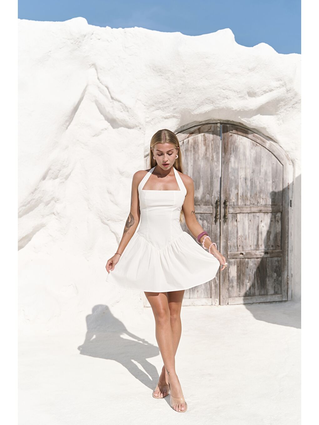 Penny Bağlamalı Ekru Mini Elbise