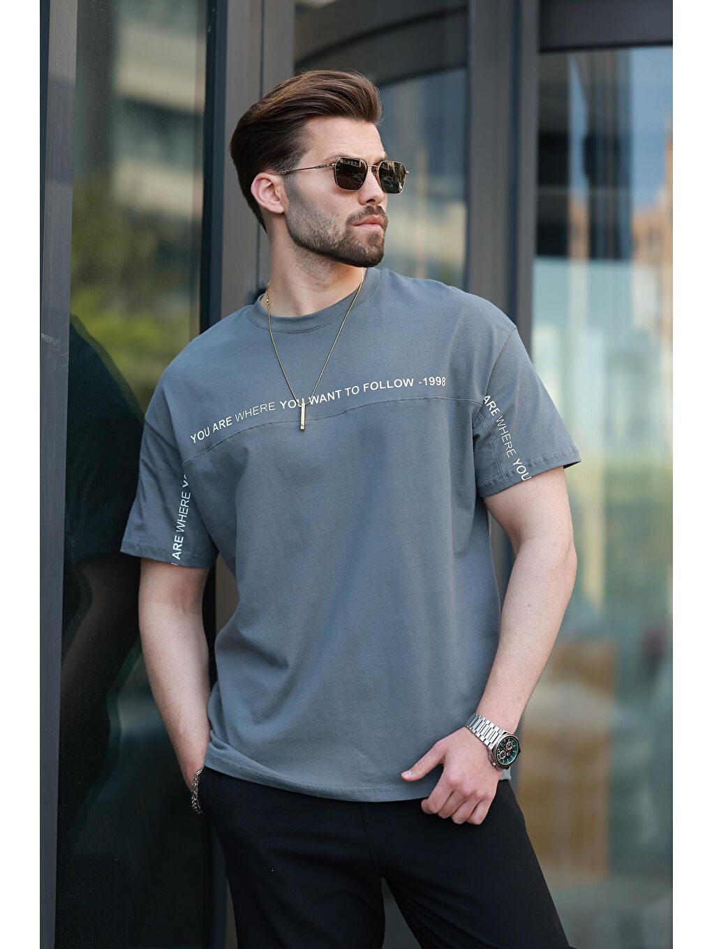 Gri Füme Bisiklet Yaka Baskılı Basic %100 Pamuk Tişört E7156-1