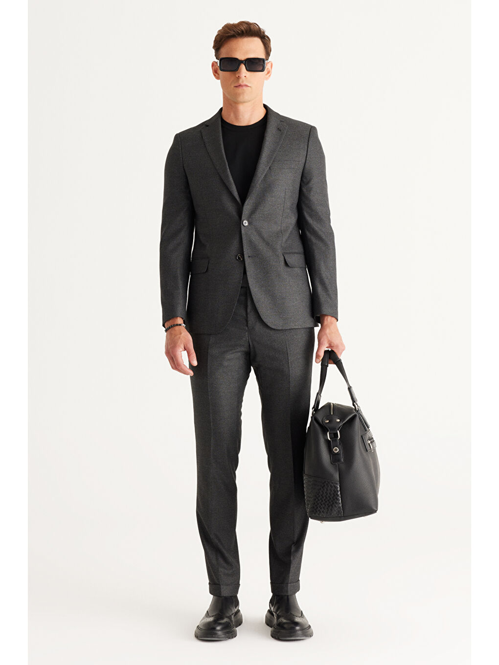 Erkek Antrasit-Gri Slim Fit Dar Kesim Mono Yaka Desenli Takım Elbise-2