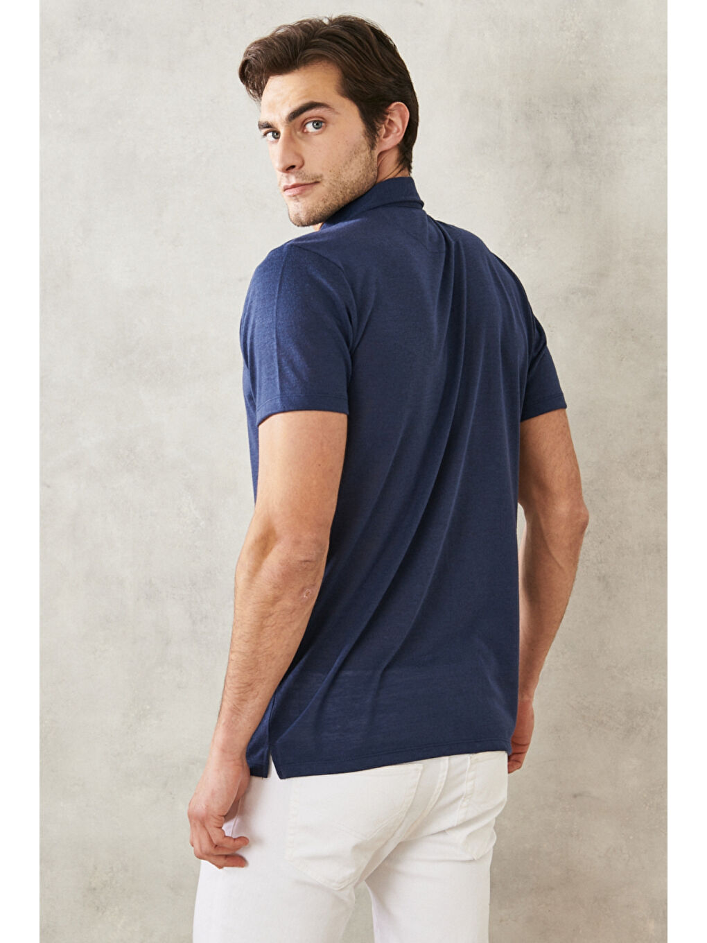 Erkek Lacivert Slim Fit Dar Kesim Polo Yaka Düz Casual Tişört-4