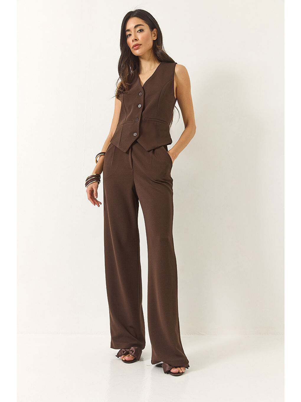 Kahverengi Kadın Yüksek Bel Rahat Palazzo Pantolonlu Yelekli Örme Alt-Üst Takım-1