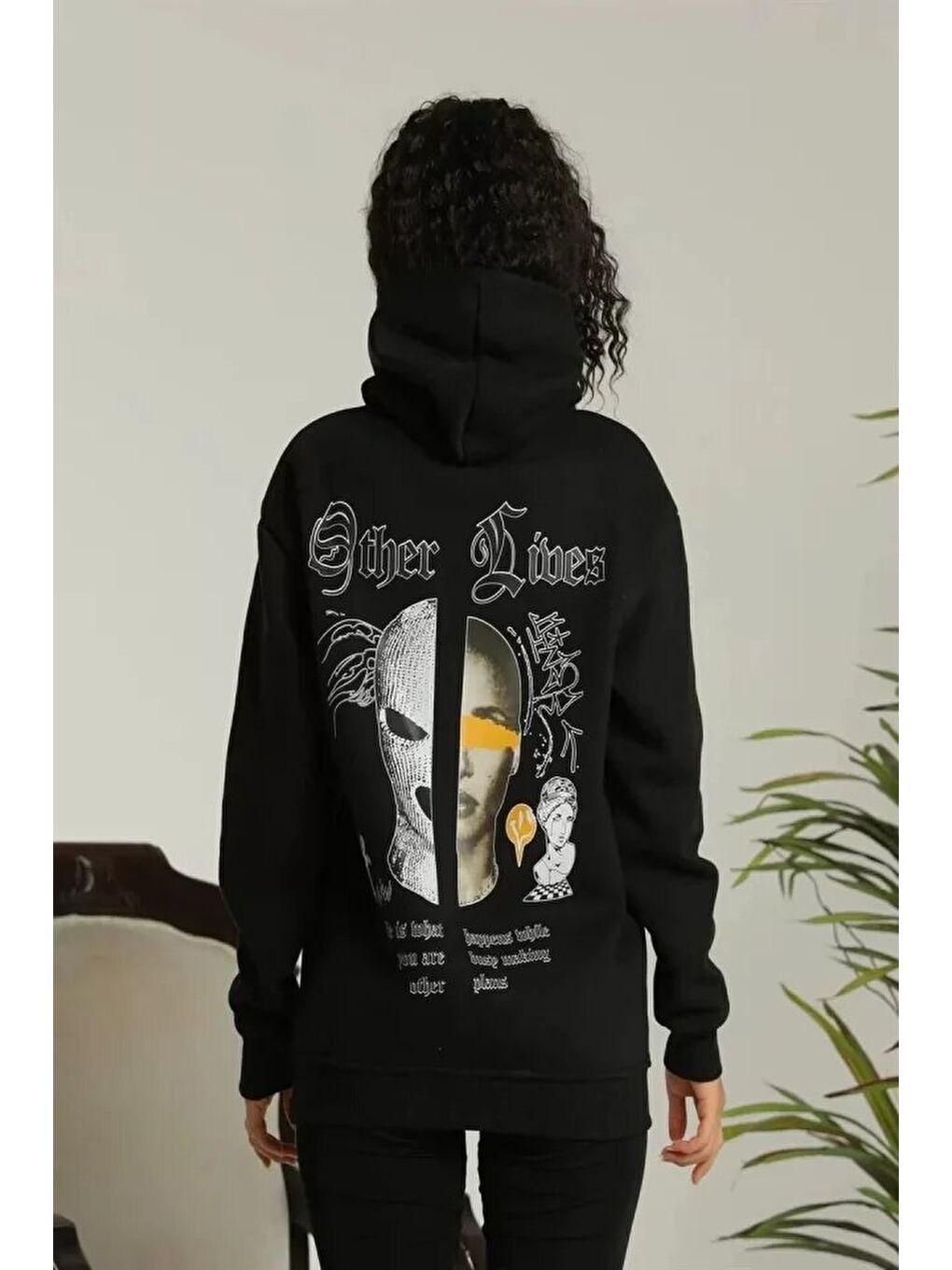 Sırt Baskılı Oversize Üç İplik Kapüşonlu Sweatshirt - Siyah-1