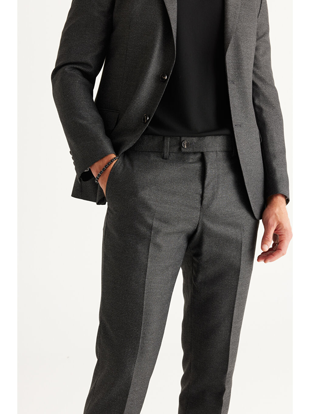 Erkek Antrasit-Gri Slim Fit Dar Kesim Mono Yaka Desenli Takım Elbise-3