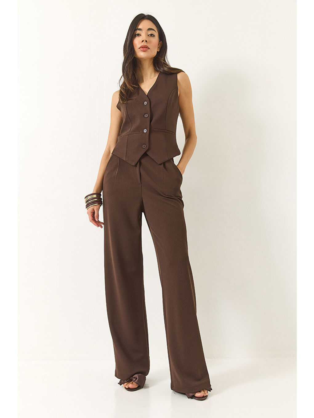 Kahverengi Kadın Yüksek Bel Rahat Palazzo Pantolonlu Yelekli Örme Alt-Üst Takım-3