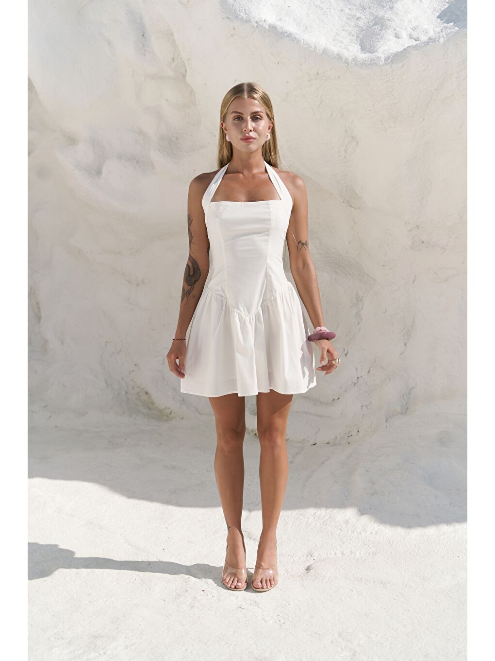 Penny Bağlamalı Ekru Mini Elbise-2