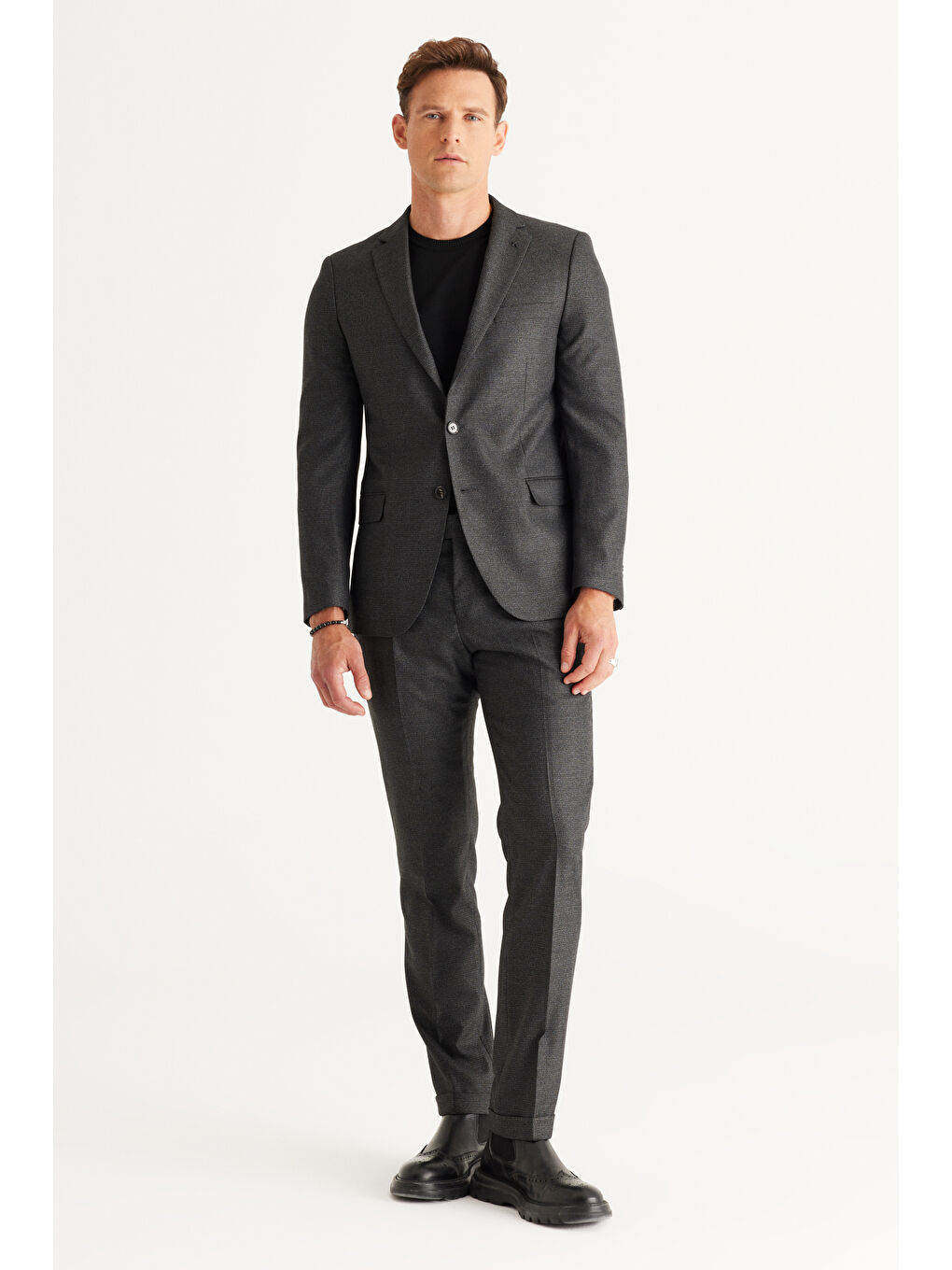Erkek Antrasit-Gri Slim Fit Dar Kesim Mono Yaka Desenli Takım Elbise-4