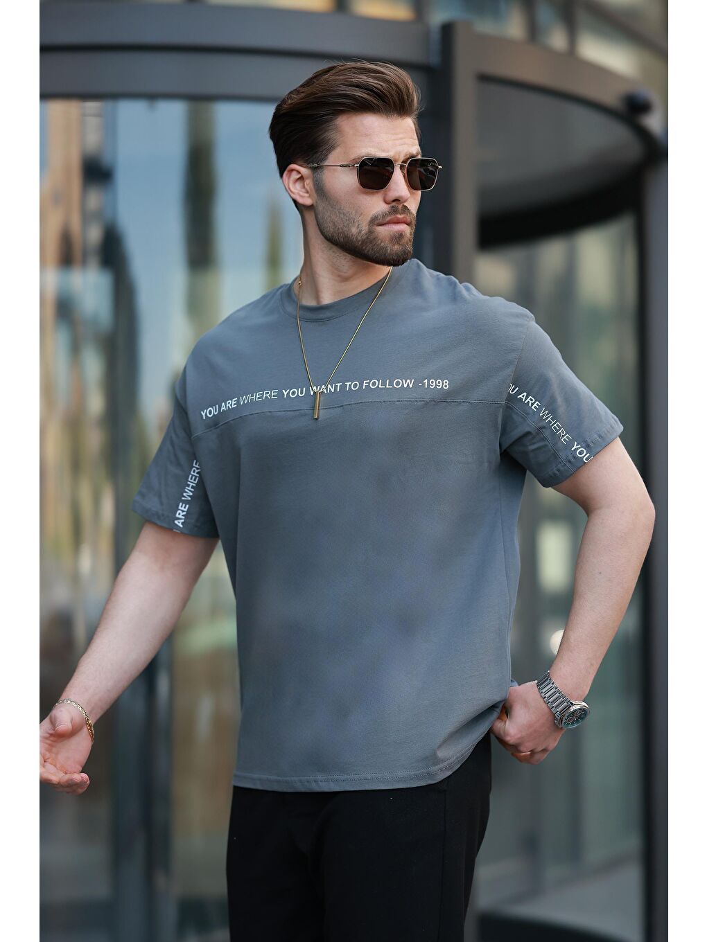 Gri Füme Bisiklet Yaka Baskılı Basic %100 Pamuk Tişört E7156-2