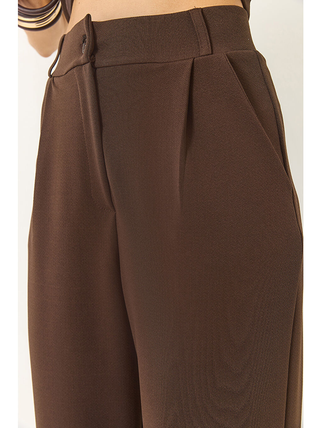 Kahverengi Kadın Yüksek Bel Rahat Palazzo Pantolonlu Yelekli Örme Alt-Üst Takım-5