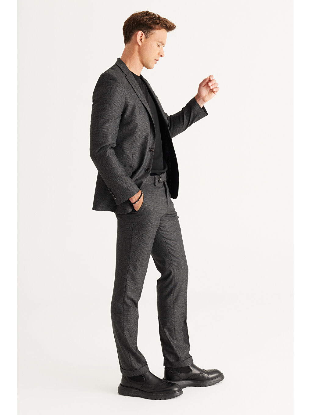 Erkek Antrasit-Gri Slim Fit Dar Kesim Mono Yaka Desenli Takım Elbise-5