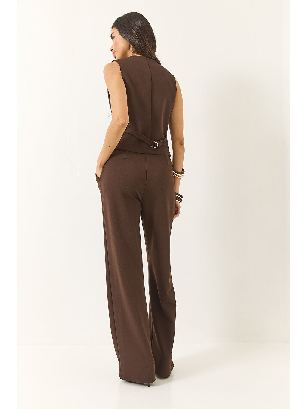 Kahverengi Kadın Yüksek Bel Rahat Palazzo Pantolonlu Yelekli Örme Alt-Üst Takım-6