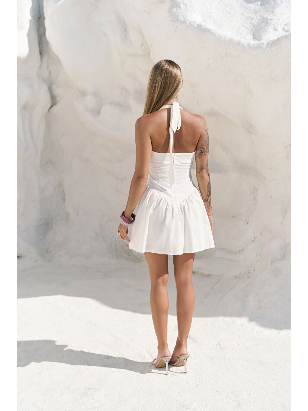 Penny Bağlamalı Ekru Mini Elbise-4