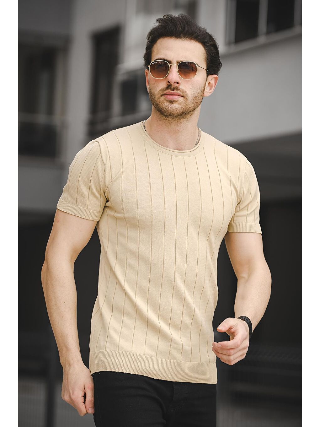 Bej Ht 340006 Gizli Çizgili Bisiklet Yaka Erkek Triko Tişört