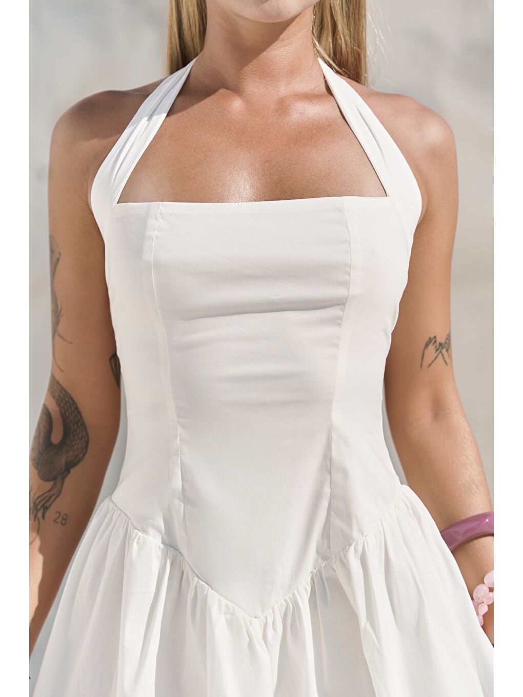 Penny Bağlamalı Ekru Mini Elbise-6