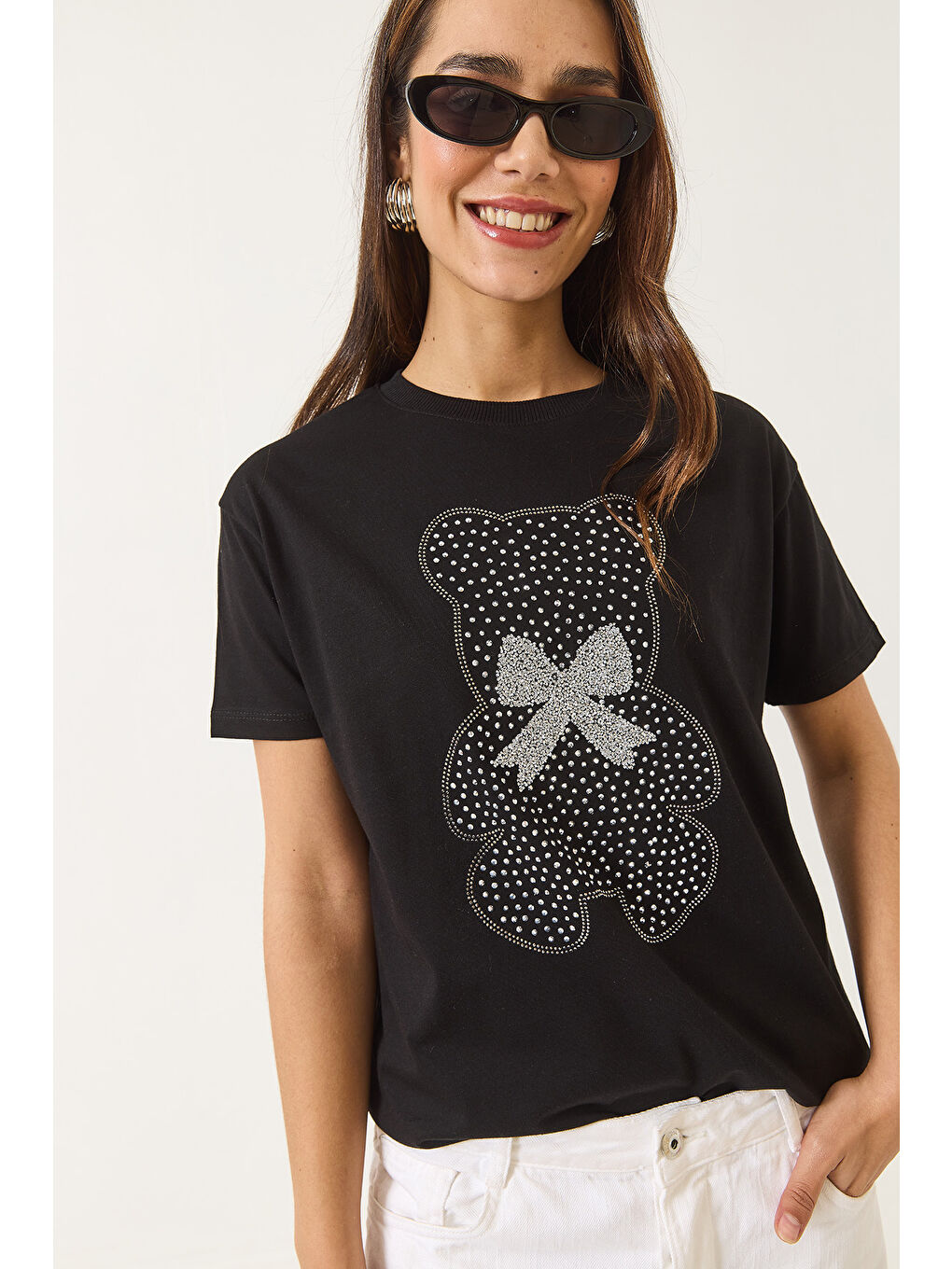 Siyah Kadın Teddy Kurdele Detaylı Taşlı T-Shirt-1