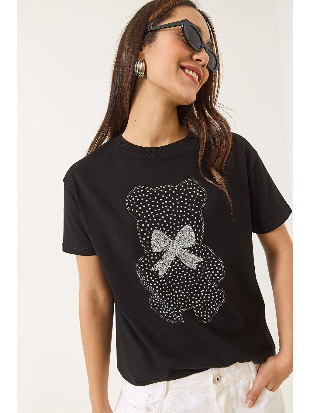 Siyah Kadın Teddy Kurdele Detaylı Taşlı T-Shirt-2