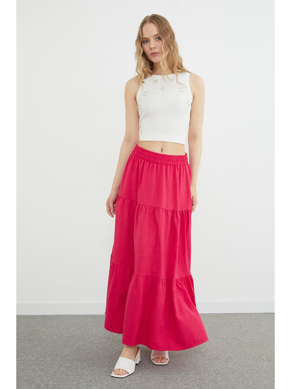 Fuşya Beli Lastikli Pileli Maxi Boy Etek-4