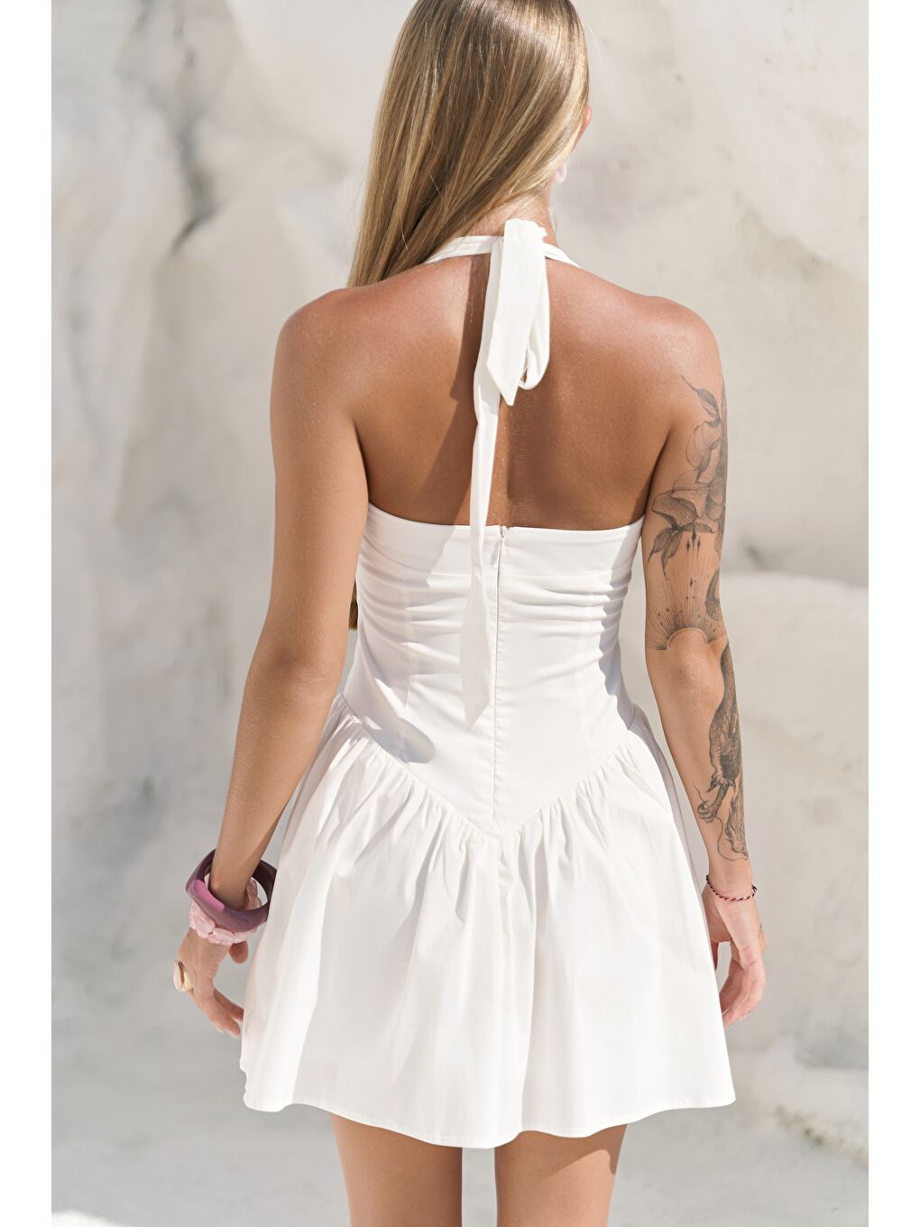 Penny Bağlamalı Ekru Mini Elbise-7