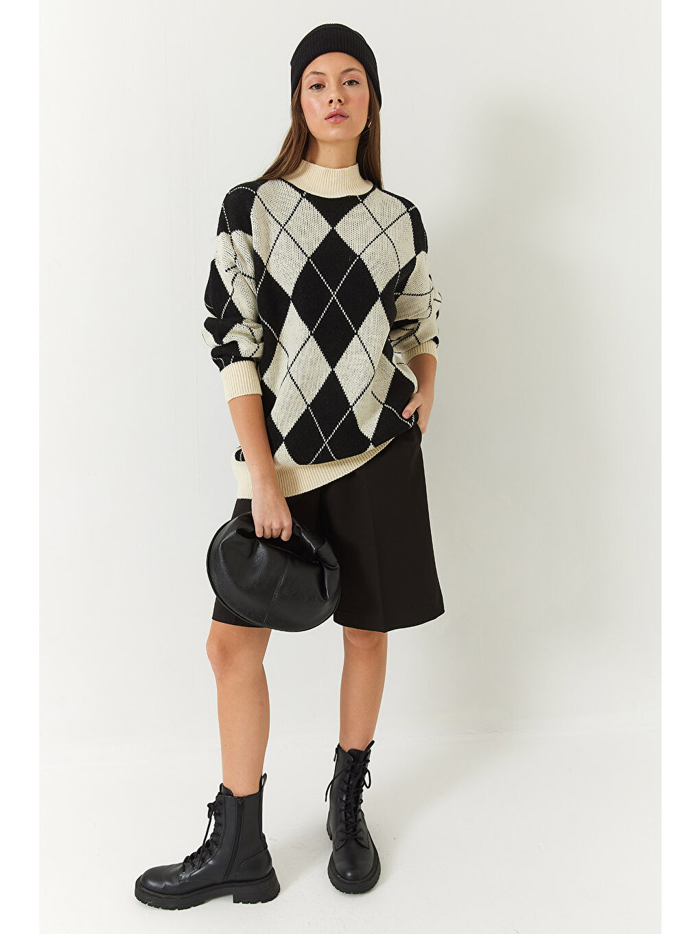 Lila Kadın Baklava Desenli Yarım Balıkçı Yaka Oversize Kalın Triko Kazak-1