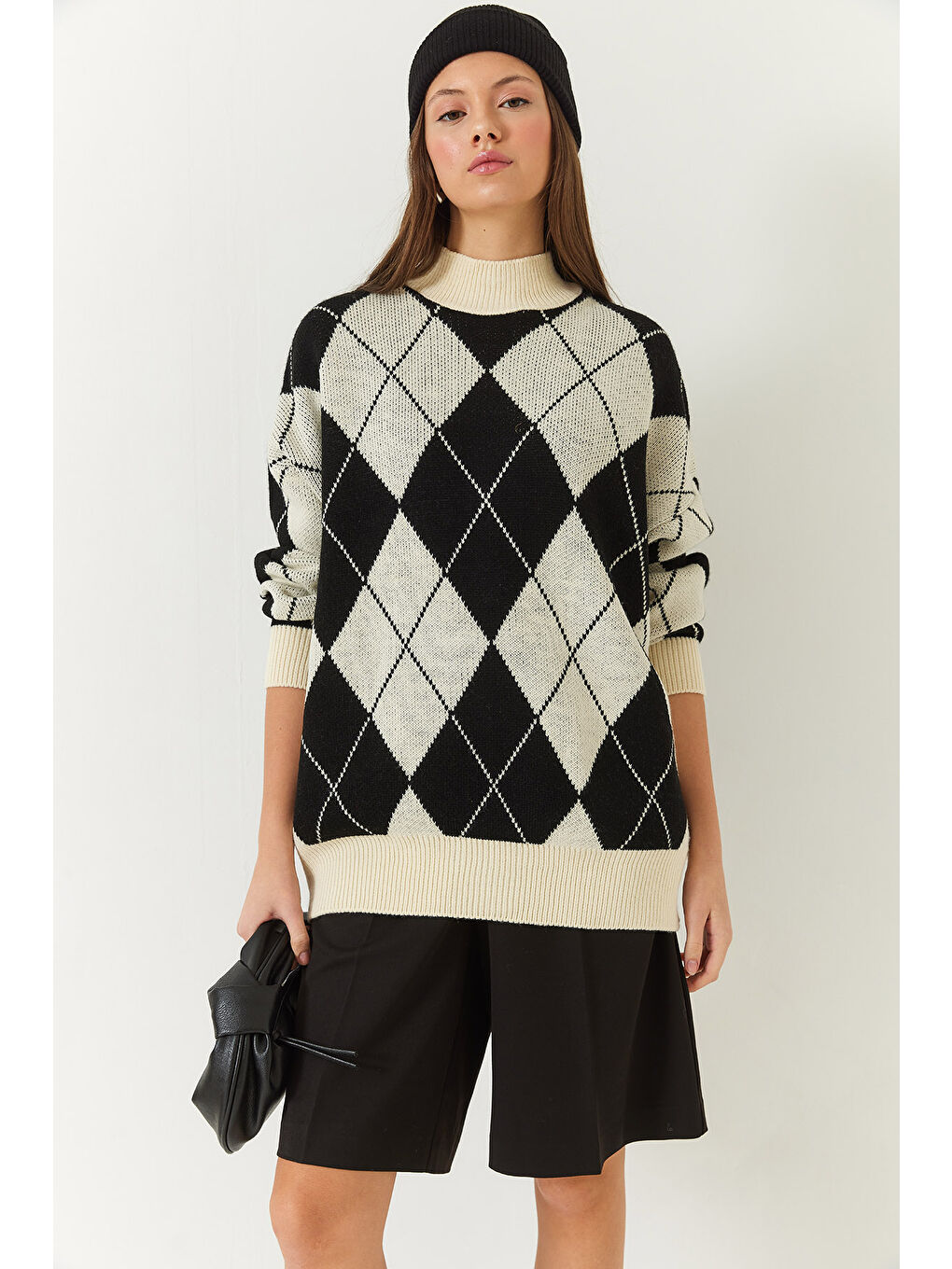 Lila Kadın Baklava Desenli Yarım Balıkçı Yaka Oversize Kalın Triko Kazak-3