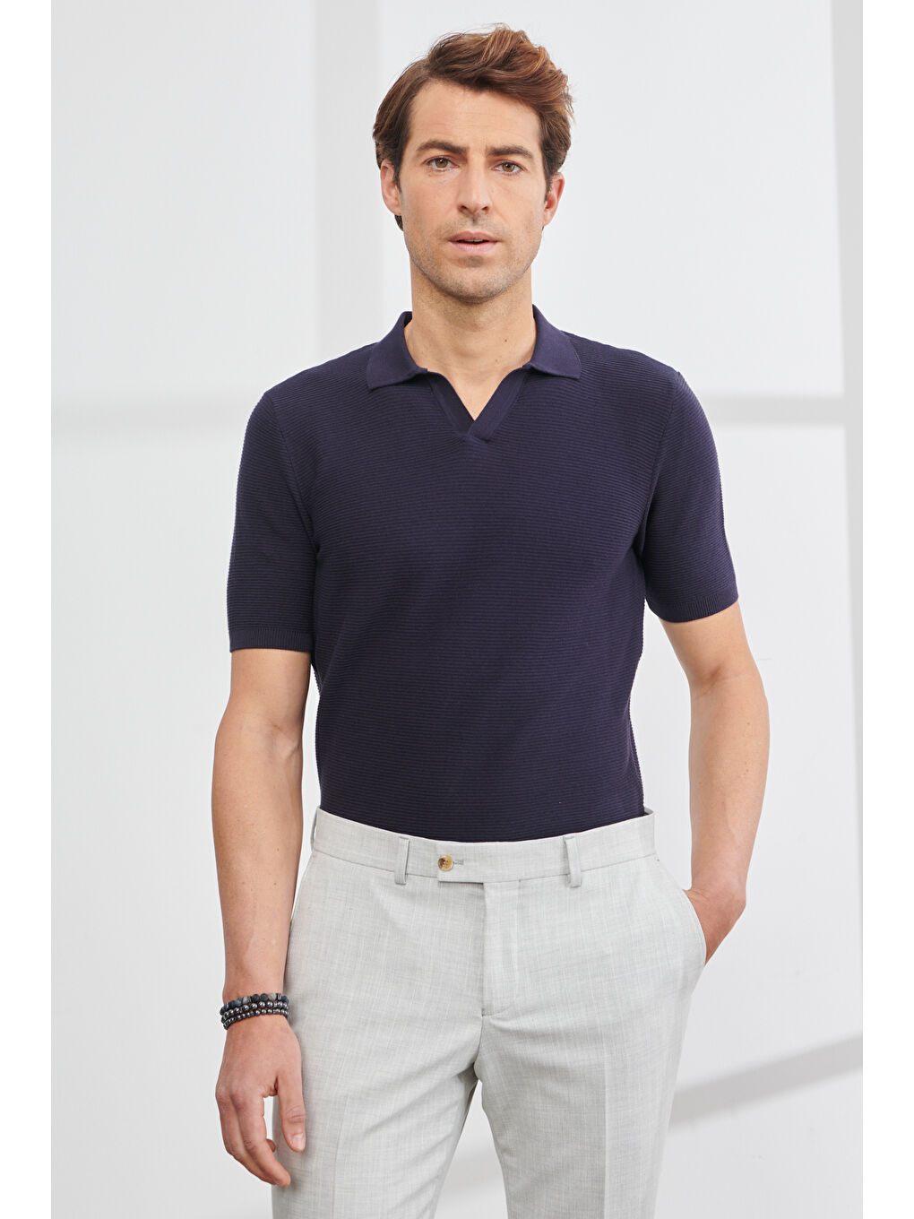 Erkek Lacivert Standart Fit Normal Kesim Polo Yaka Kısa Kollu Triko-4