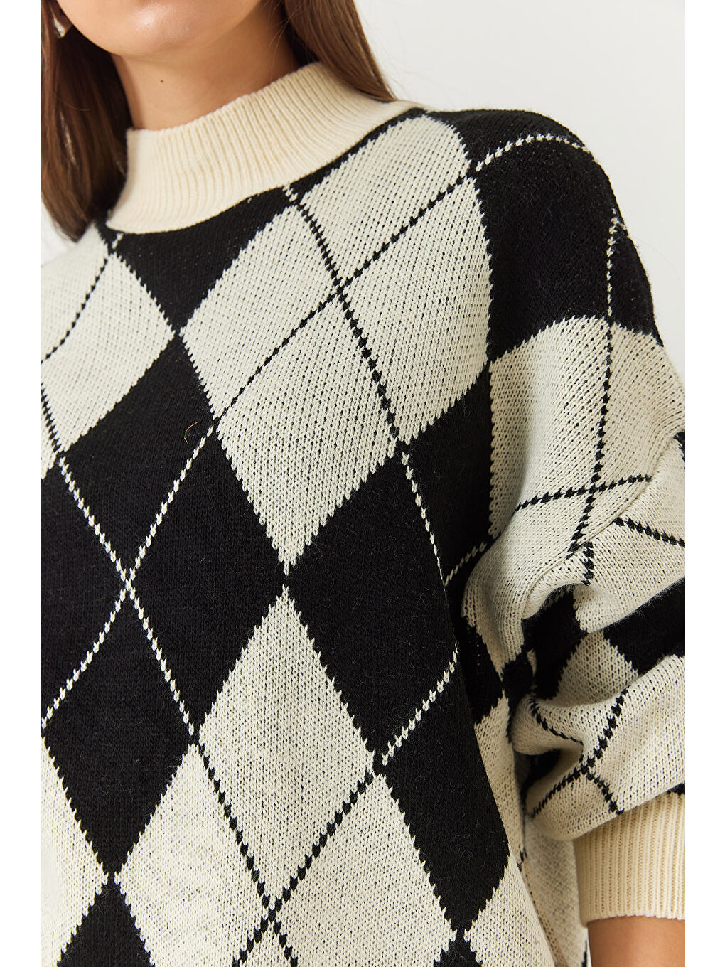 Lila Kadın Baklava Desenli Yarım Balıkçı Yaka Oversize Kalın Triko Kazak-5