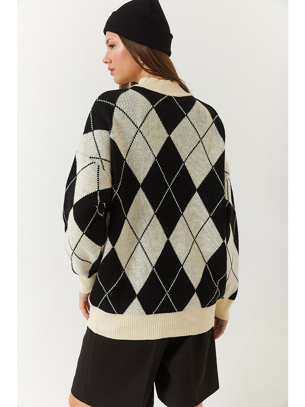 Lila Kadın Baklava Desenli Yarım Balıkçı Yaka Oversize Kalın Triko Kazak-6