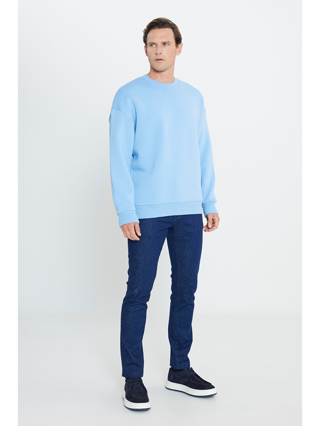 Erkek Açık Mavi Oversize Fit Bol Kesim Pamuklu İçi Polarlı Bisiklet Yaka Sweatshirt-1