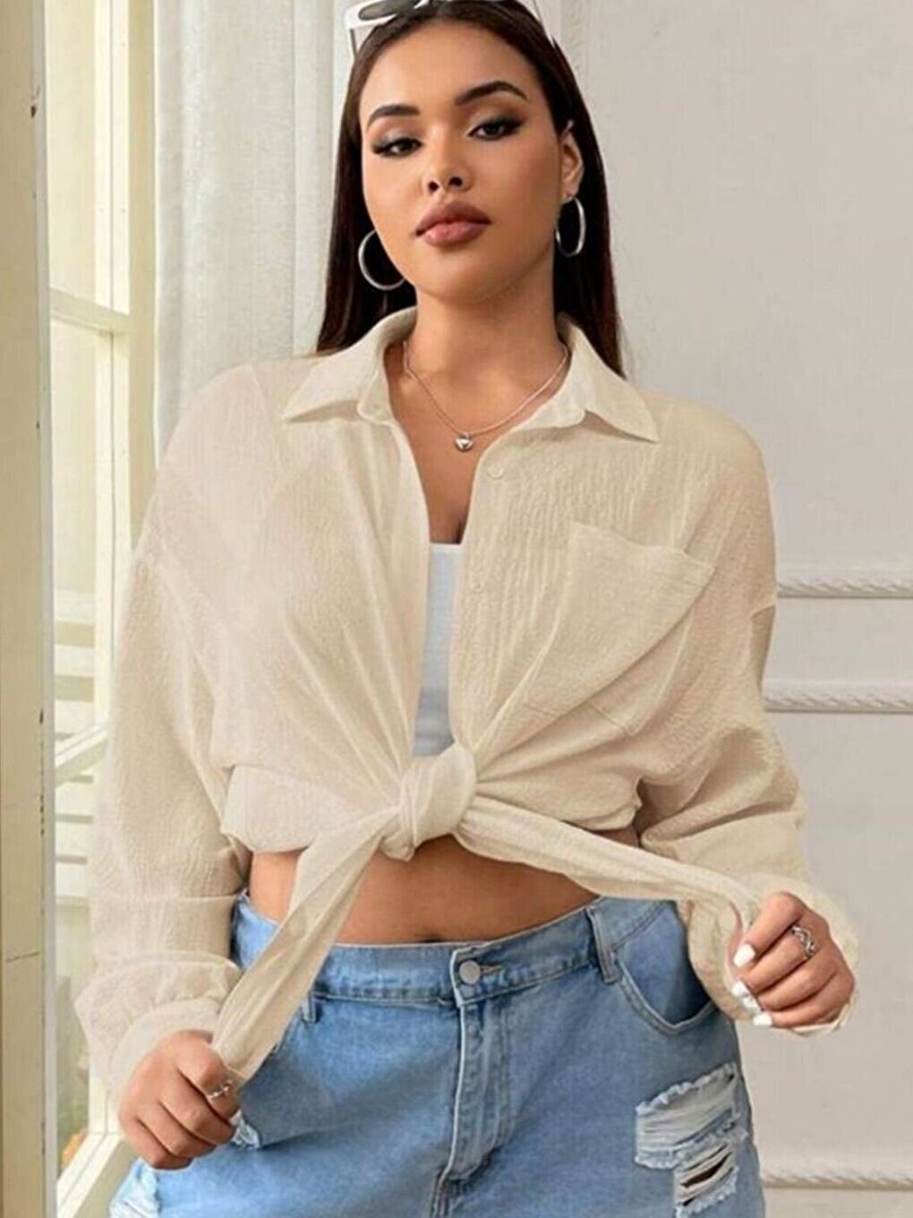 Kadın Bej Cepli Bürümcük Gömlek