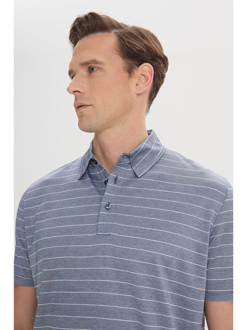 Erkek Lacivert-Ekru Regular Fit  %100 Pamuk Çizgili Polo Yaka Tişört-3