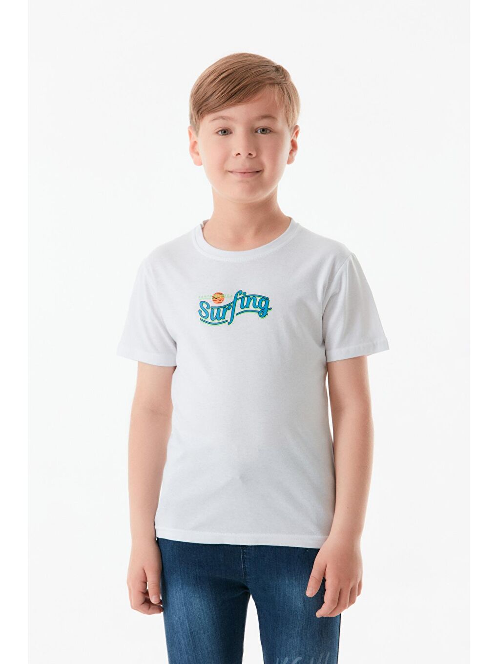 Beyaz Önü Ve Arkası Baskılı Erkek Çocuk Tişört