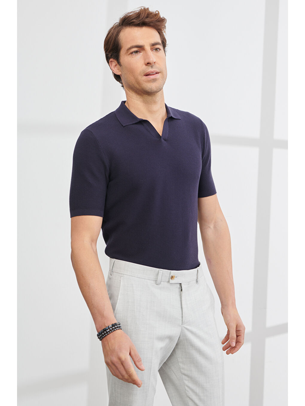 Erkek Lacivert Standart Fit Normal Kesim Polo Yaka Kısa Kollu Triko-5