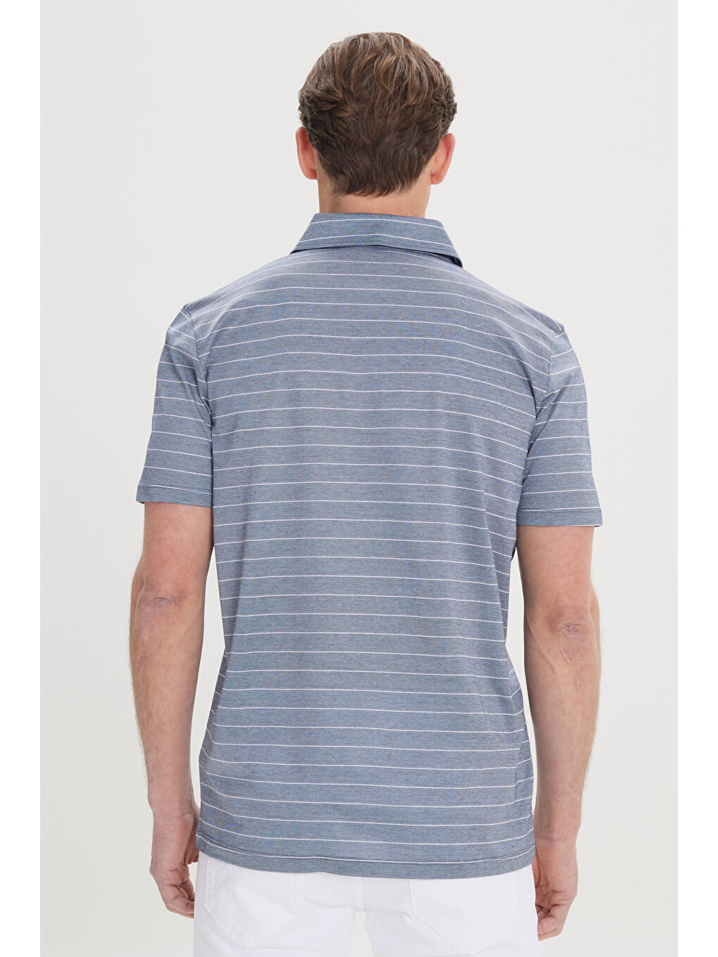 Erkek Lacivert-Ekru Regular Fit  %100 Pamuk Çizgili Polo Yaka Tişört-4