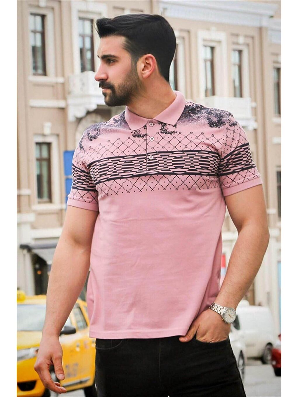 Pembe Pudra Baskılı Polo %100 Pamuk Tişört 3057