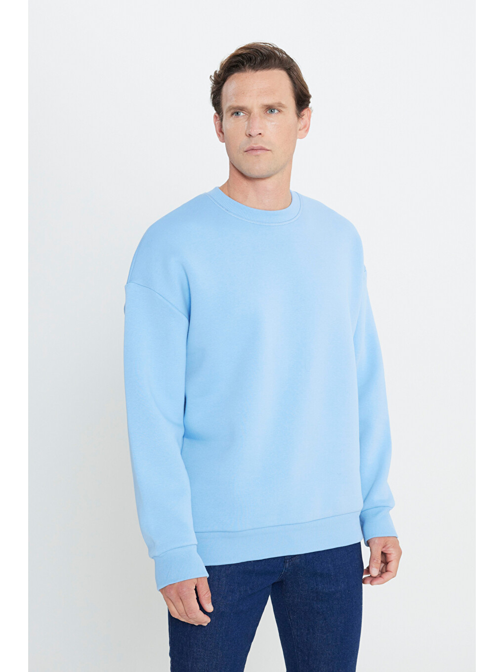 Erkek Açık Mavi Oversize Fit Bol Kesim Pamuklu İçi Polarlı Bisiklet Yaka Sweatshirt-2
