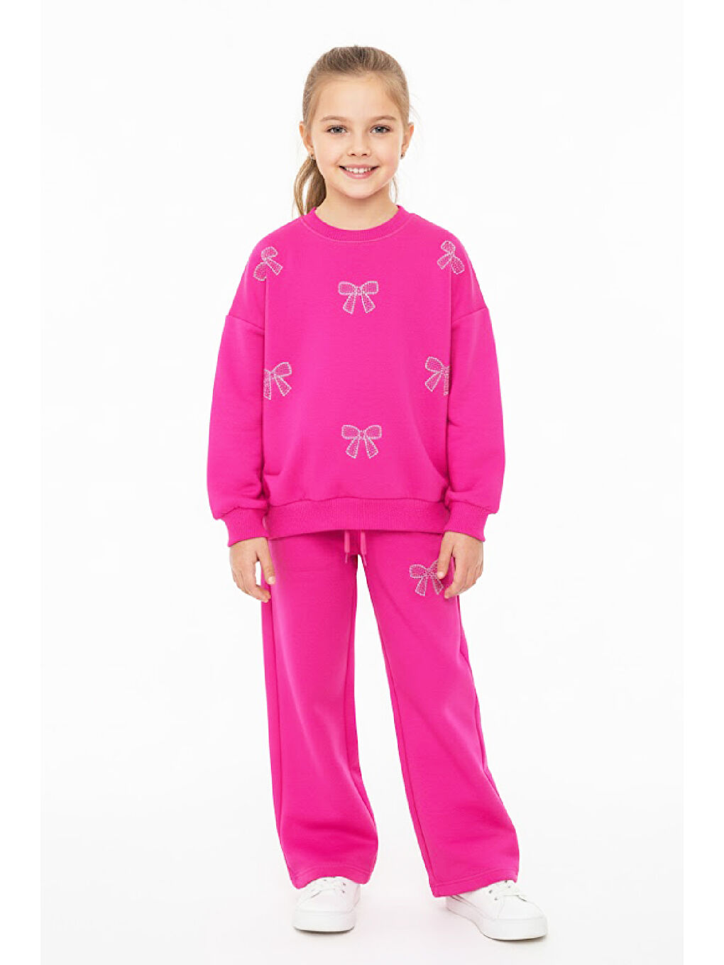 Fuşya Kız Çocuk Taş İşlemeli Fiyonk Baskılı-2 İplik-Alt-Üst Takım-5-12 Yaş 12438