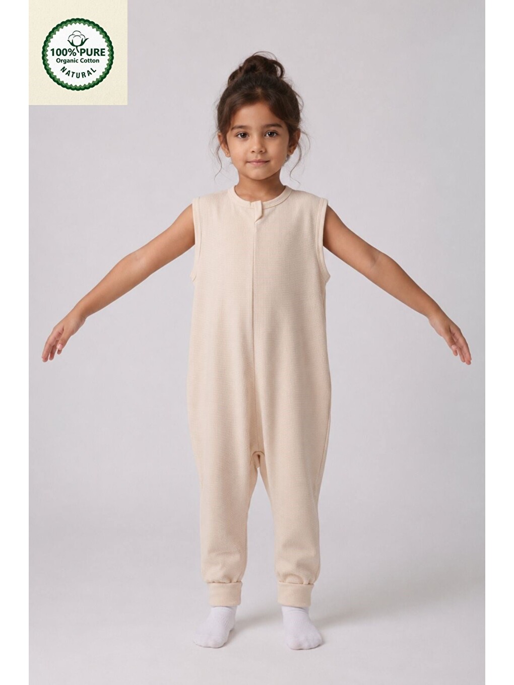 Bej İnterlok Geniş Askılı Bebek Çocuk Uyku Tulumu1.0 Tog %100 Pamuk Natural-1