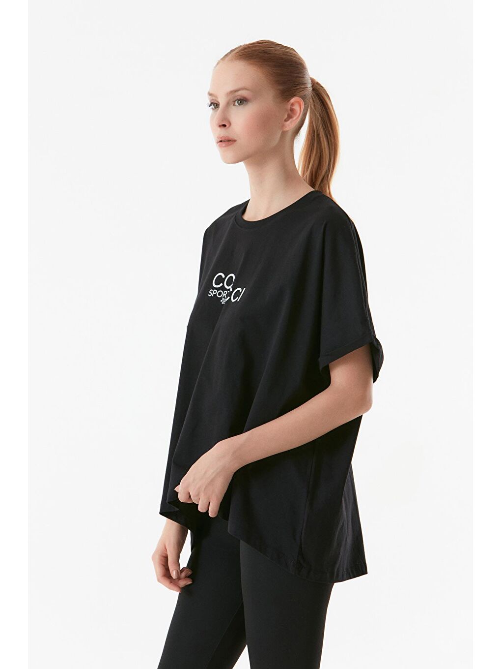 Siyah Yazı Baskılı Bisiklet Yaka Oversize Tişört-1