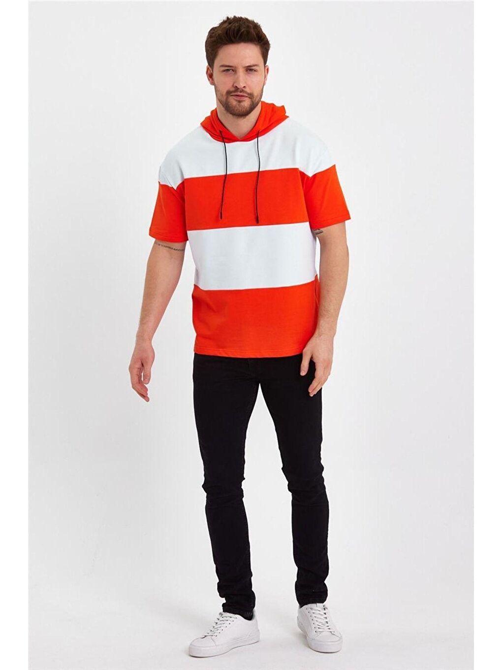 Beyaz Erkek 3 Iplik Parçalı Kapüşonlu Çok Renkli Kapüşonlu Tişört-3