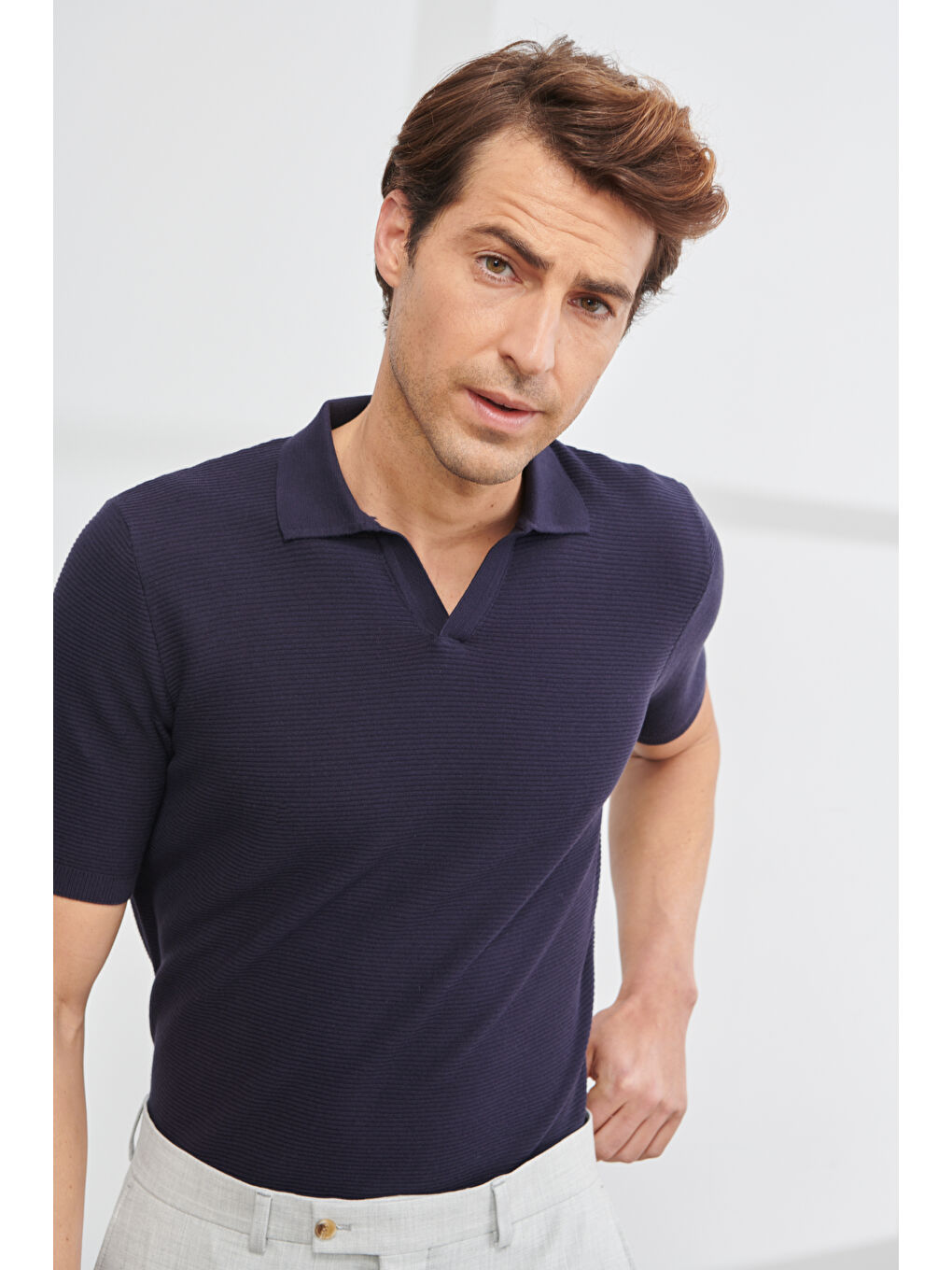 Erkek Lacivert Standart Fit Normal Kesim Polo Yaka Kısa Kollu Triko-6