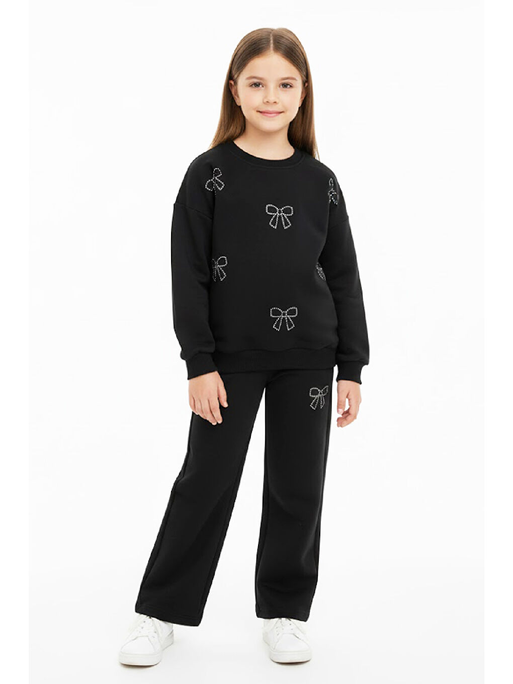 Siyah Kız Çocuk Taş İşlemeli Fiyonk Baskılı-2 İplik-Alt-Üst Takım-5-12 Yaş 12438
