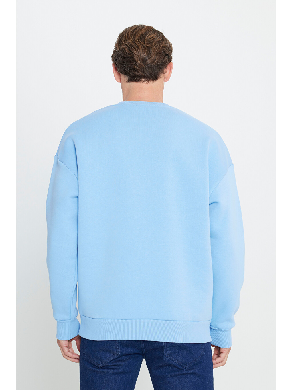 Erkek Açık Mavi Oversize Fit Bol Kesim Pamuklu İçi Polarlı Bisiklet Yaka Sweatshirt-4