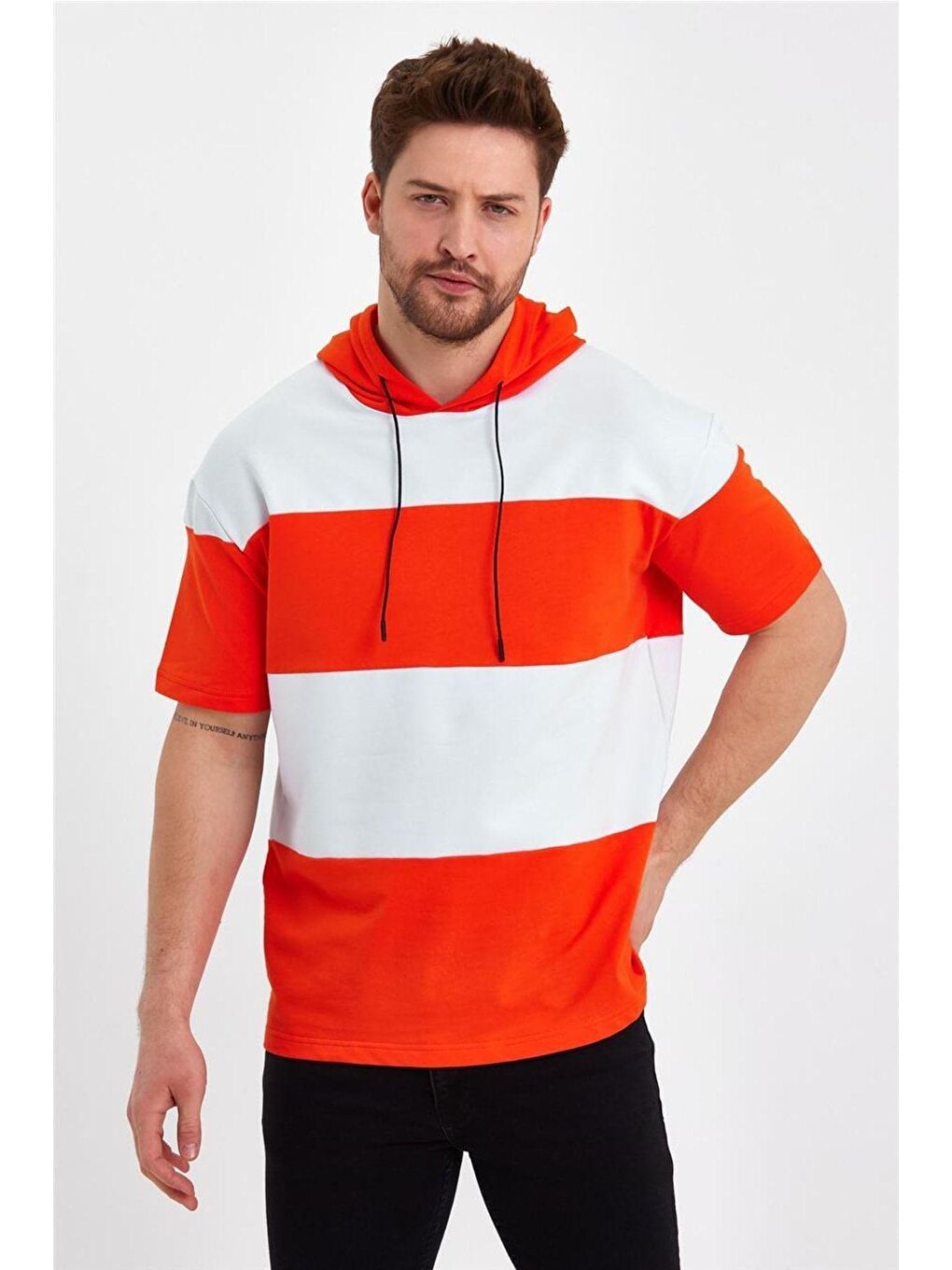 Beyaz Erkek 3 Iplik Parçalı Kapüşonlu Çok Renkli Kapüşonlu Tişört-6