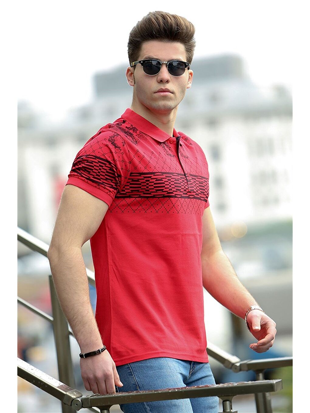 Kırmızı Baskılı Polo %100 Pamuk Tişört 3057