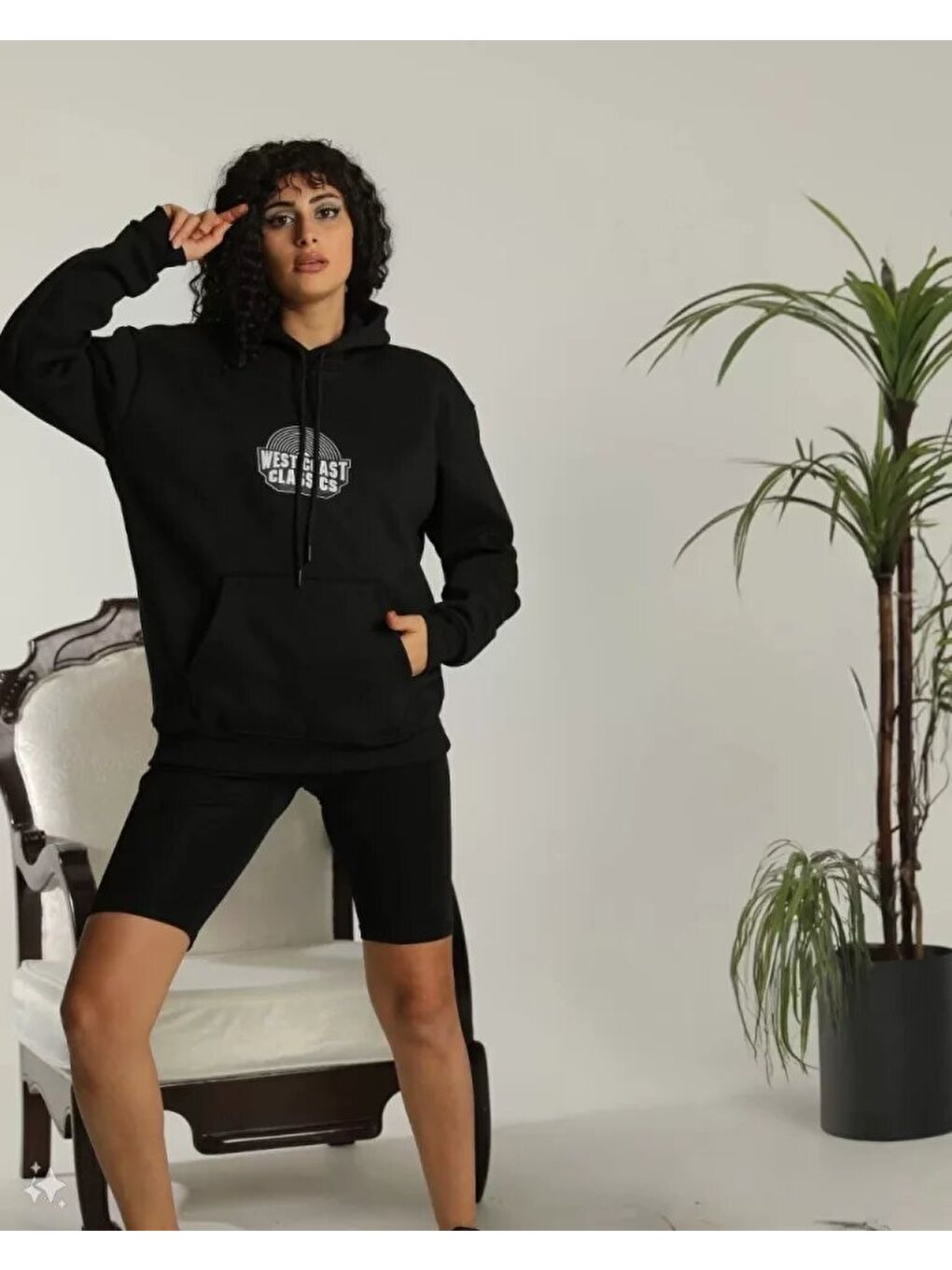 Unisex Sırt Baskılı Kapüşonlu Üç İplik Oversize Sweatshirt - Siyah-2