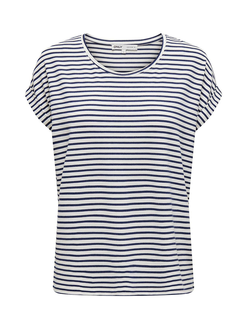 Ekru Onlmoster Streç Çizgili Regular Fit Bisiklet Yaka Kadın T Shirt 15206243-4