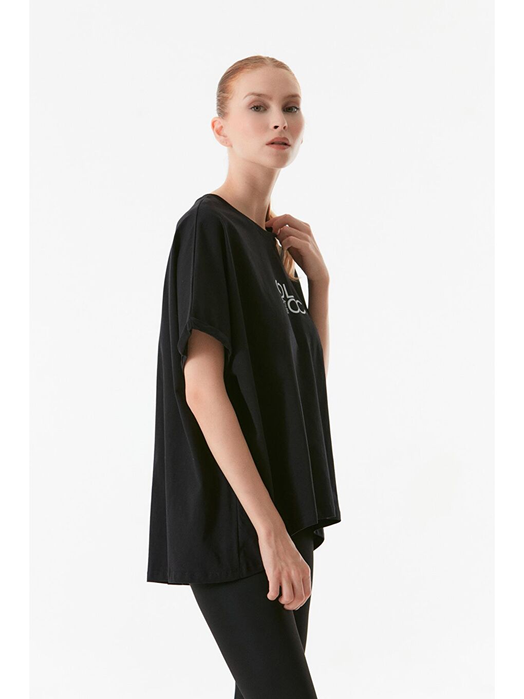 Siyah Yazı Baskılı Bisiklet Yaka Oversize Tişört-4