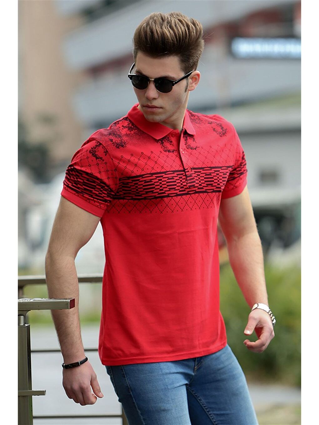 Kırmızı Baskılı Polo %100 Pamuk Tişört 3057-1