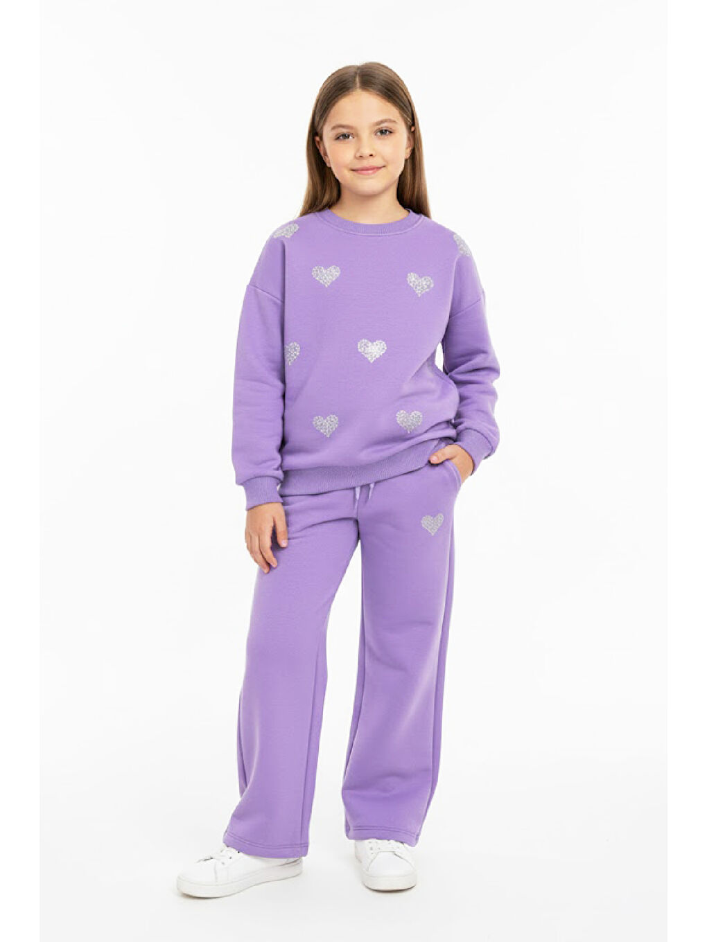 Lila Kız Çocuk Taş Kalp Baskılı-2 İplik-Alt-Üst Takım-5-12 Yaş 12437