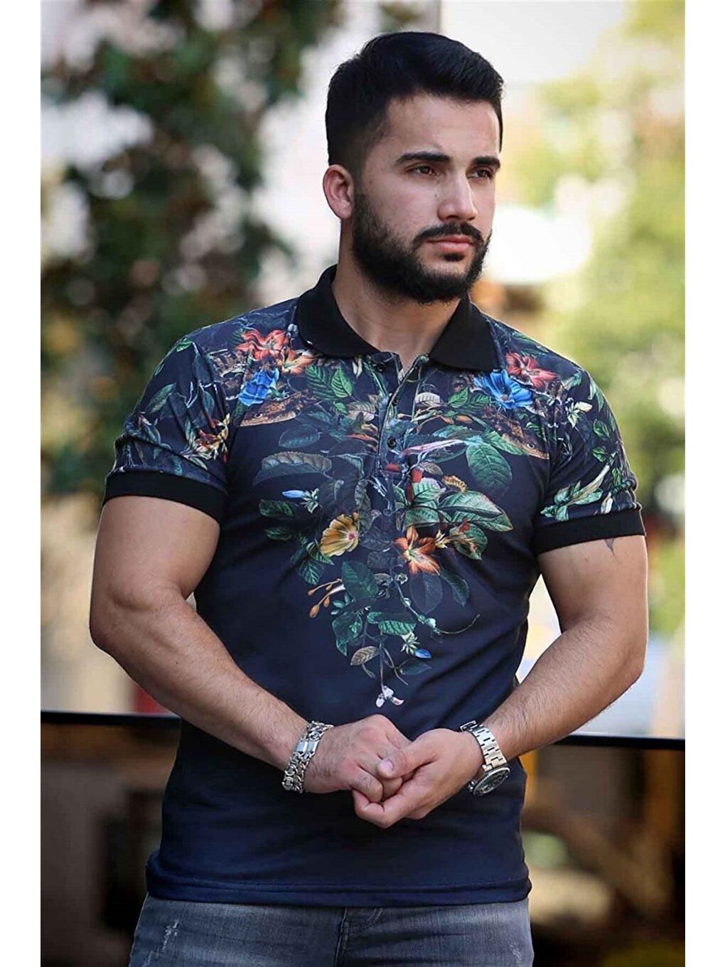 Lacivert Çiçek Detaylı Polo Tişört 2885